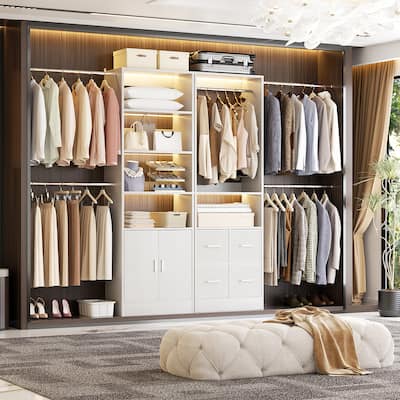 Rackcog Set of 2 Closet Organizer with Cabinet and Drawers, Closet System with Adjustable Hanging Rods and Shelves