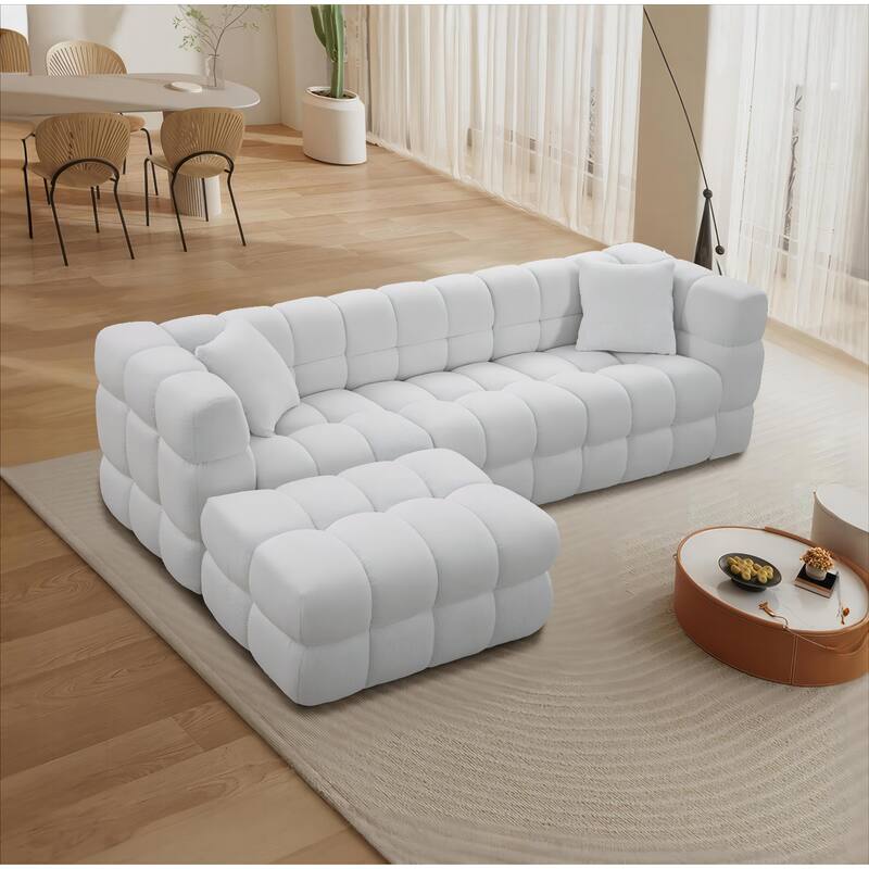 105'' Plush Boucle Upholstery Sectional Sofa Ottoman - White