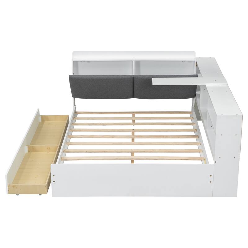 Full Size Wood Platform Bed with Storage Headboard, Shelves, and 2 Drawers in Gray - No Box Spring Required
