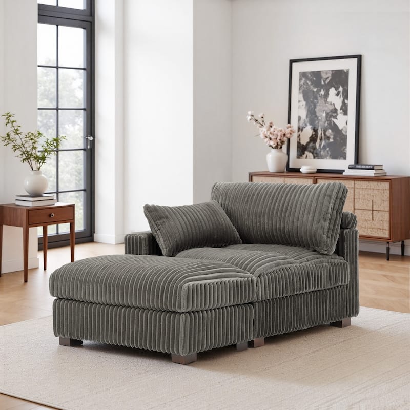 Modren Plush Upholstered Coner Chair and Ottoman Set - Light Grey - Left Facing