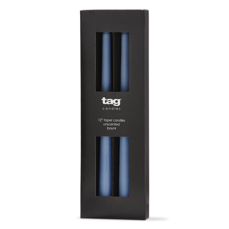 Color Studio 12" Traditional Taper Unscented Smokeless Paraffin Wax Candle Blue, Set of 4, Burn Time 8 hrs.