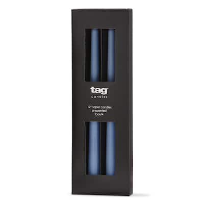 Color Studio 12" Traditional Taper Unscented Smokeless Paraffin Wax Candle Blue, Set of 4, Burn Time 8 hrs.