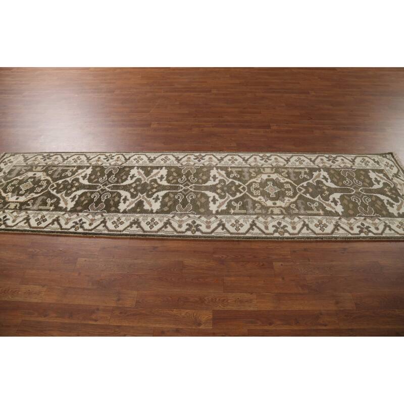 Green Oushak Oriental Runner Rug Hand-Knotted Transitional Wool Carpet - 2'6"x 9'8"