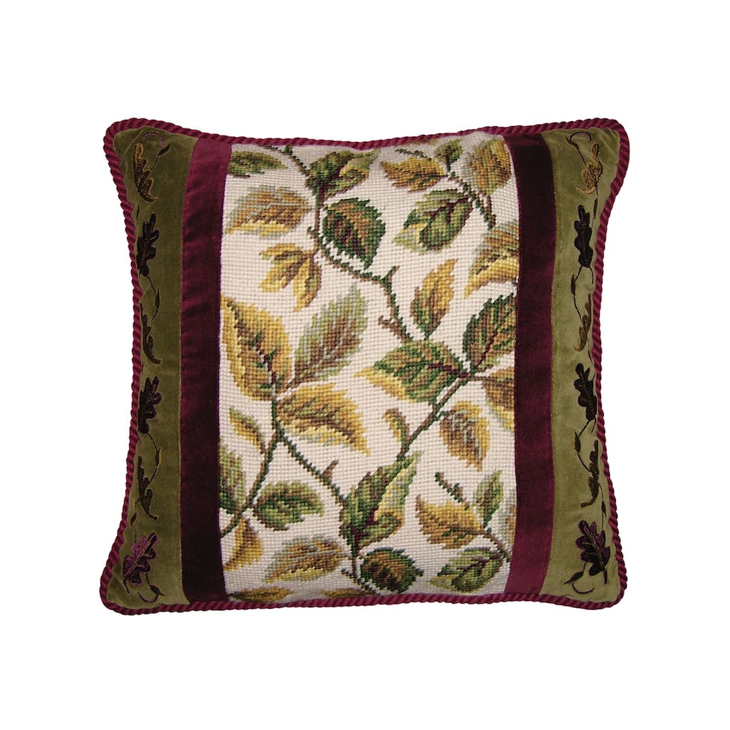 14" x 14" Falling Leaves #2 Needlepoint/Embroidered Thanksgiving Throw Pillow
