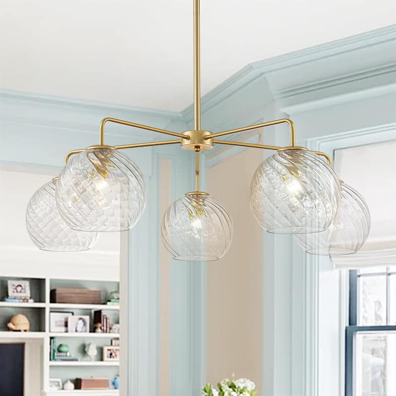 5-Light Blue Swirled Glass Globe Bubble Round Chandelier 35in - Clear