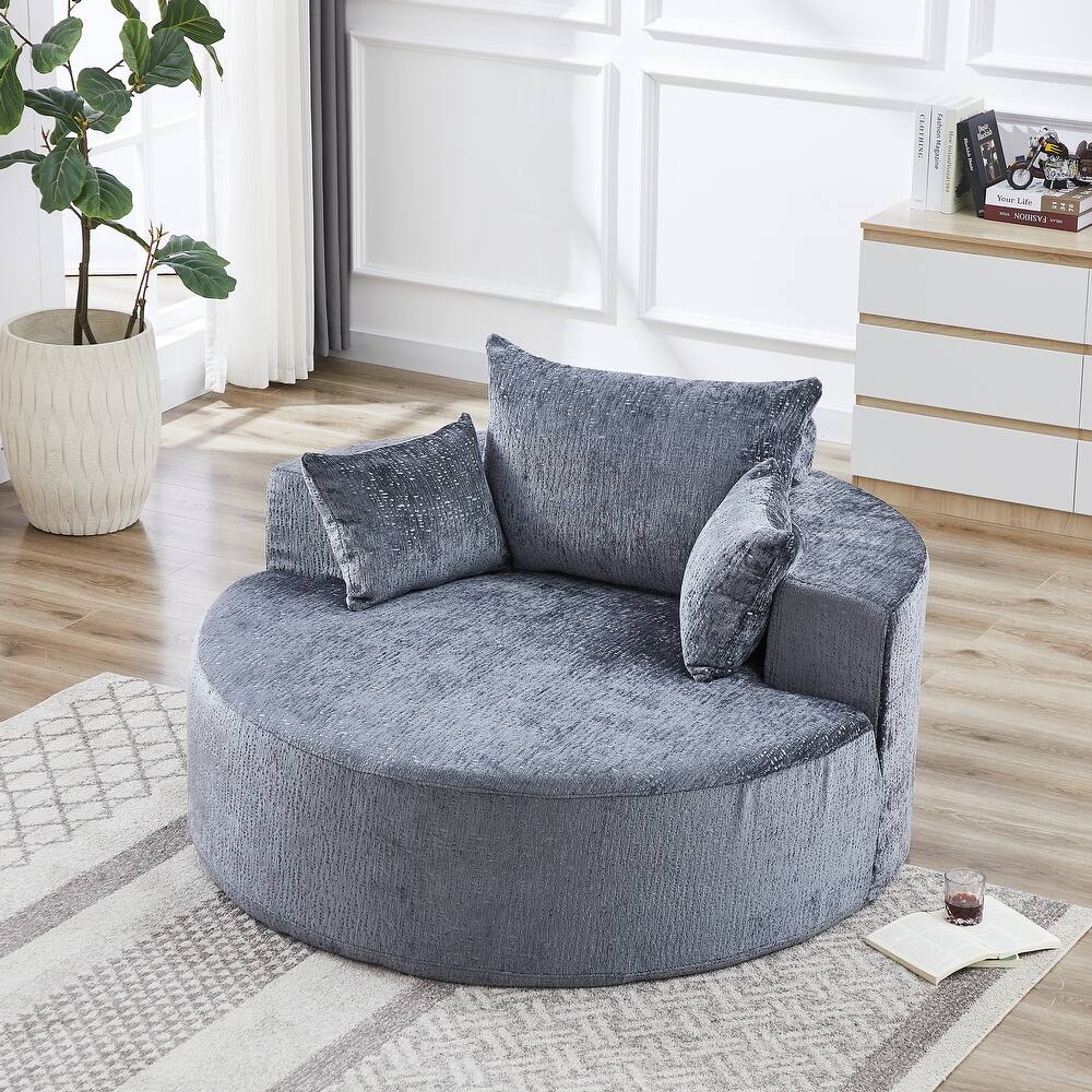 Grey Round Chenille Single Sleeper Sofa with Backrest Pillow