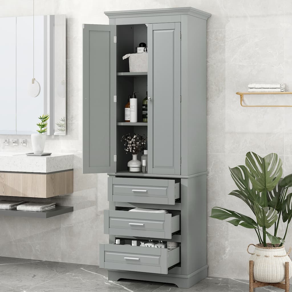 2 Doors Storage Cabinet Grey Narrow Laundry Cabinet with Shelves and 3 Drawers Tall Cabinet for Bathroom, Living Room