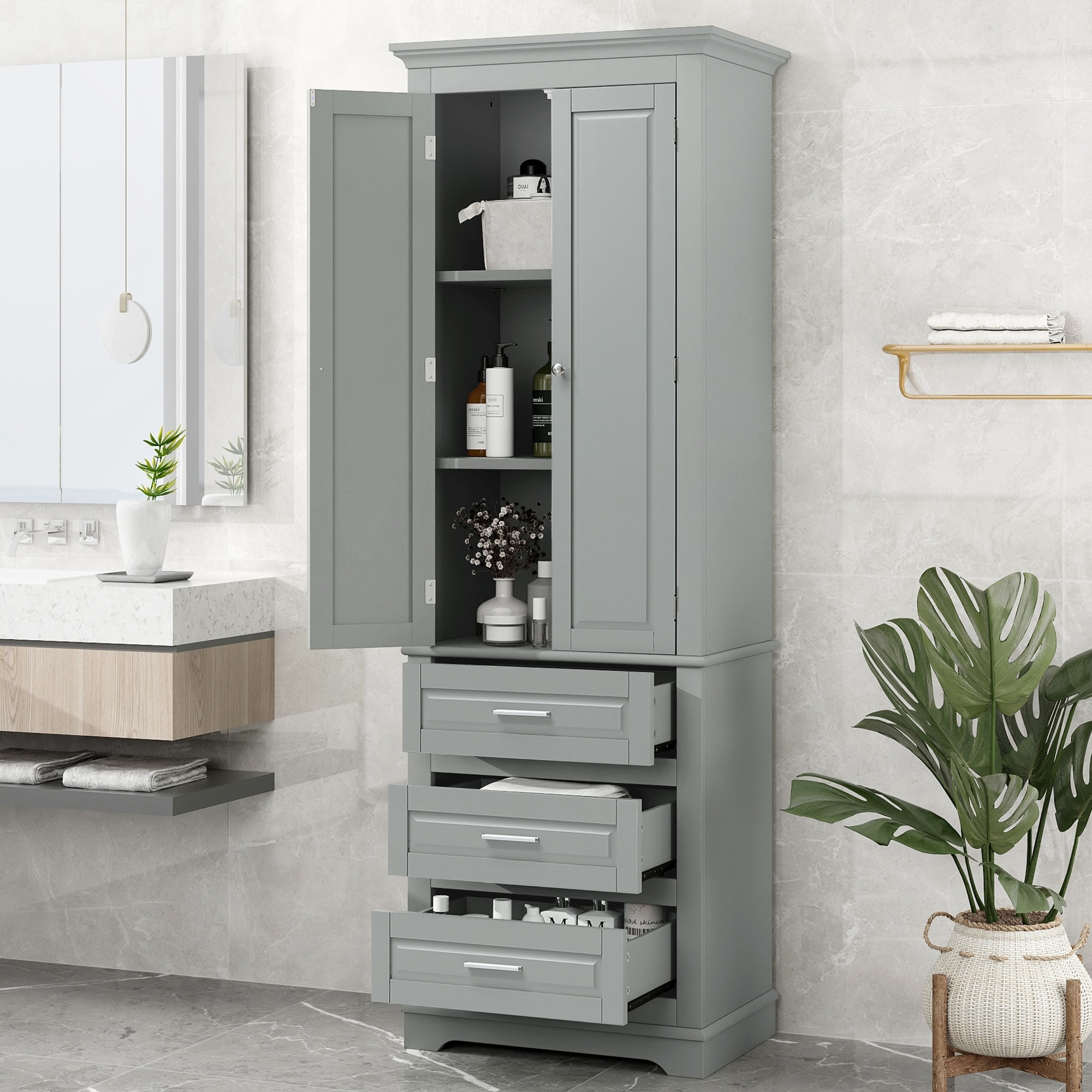 Tall Storage Cabinet with Adjustable Shelf and Three Drawers for Versatile Use