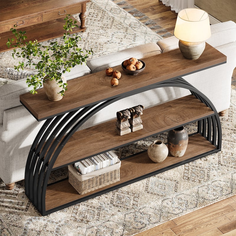 63 Inch Console Table, 3-Tier Entryway Table with Arched Metal Frame