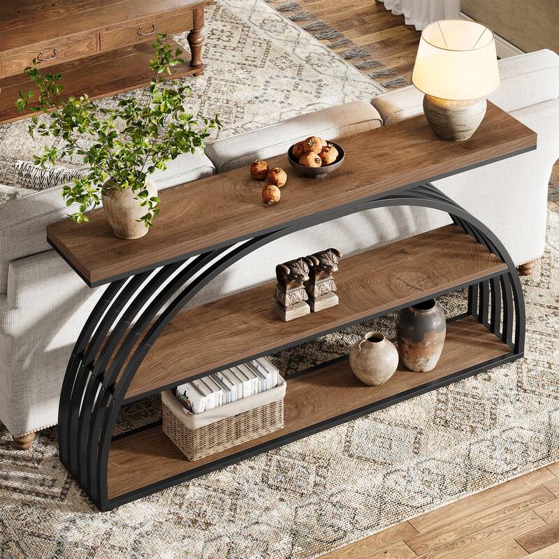 63 Inch Console Table for Entryway, 3 Tier Narrow Sofa Table with Arched Frame - 62.99" L x 11.81" W x 34.25" H