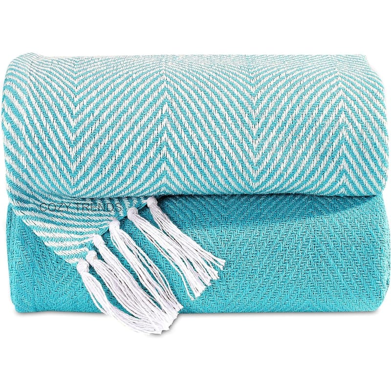Handwoven Luxurious Cotton Sofa Couch Bed Throw Blankets All Season - Set of 2 (50''x60'') - Chevron Turquoise