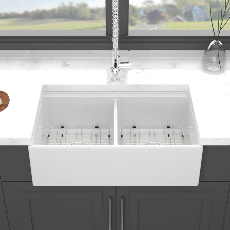 Farmhouse Sink Workstation -Ceramic Double Bowl Farm Kitchen Sink