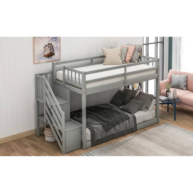 Twin Over Twin Floor Bunk Bed, Ladder With Storage