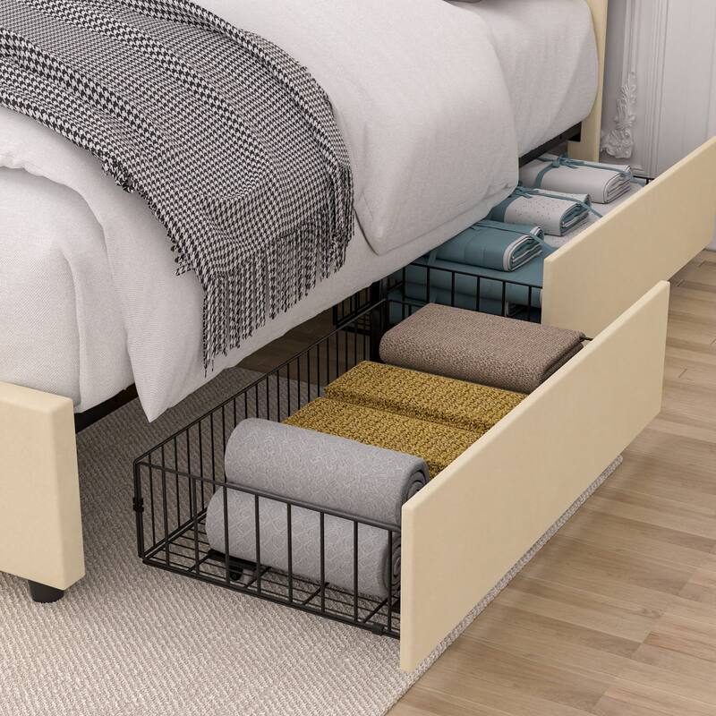 VECELO Upholstered Bed Frame with 4 Storage Drawers Full Queen Heavy Duty Platform with Adjustable Linen Headboard