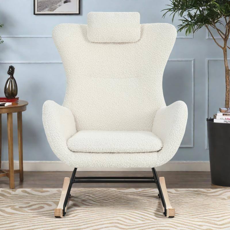Polyester Glider Chair with Adjustable Headrest and Storage Pocket, Rubber Wood Base - White