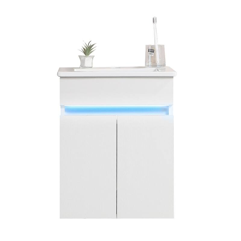 Modern 16" White Bathroom Vanity with Sink, Compact Cabinet with Radar Light, Wall-Mount or Freestanding Design