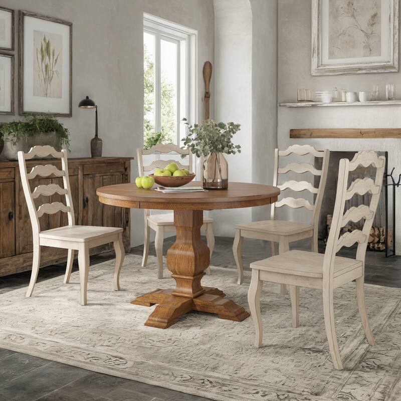 Ronda 45" Round Solid Wood Top Dining Set with French Ladder Back Chairs - Oak Table - Antique White Chairs