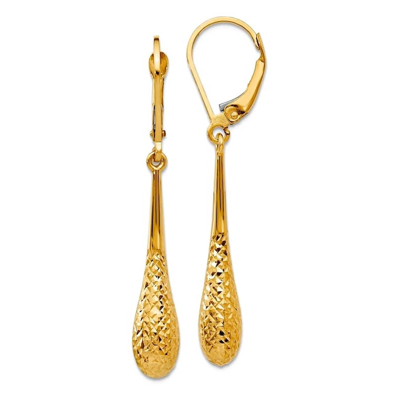Curata 10k or 14k Yellow or White Gold Textured Teardrop Leverback Earrings - 44x5.5mm - 10k - Yellow