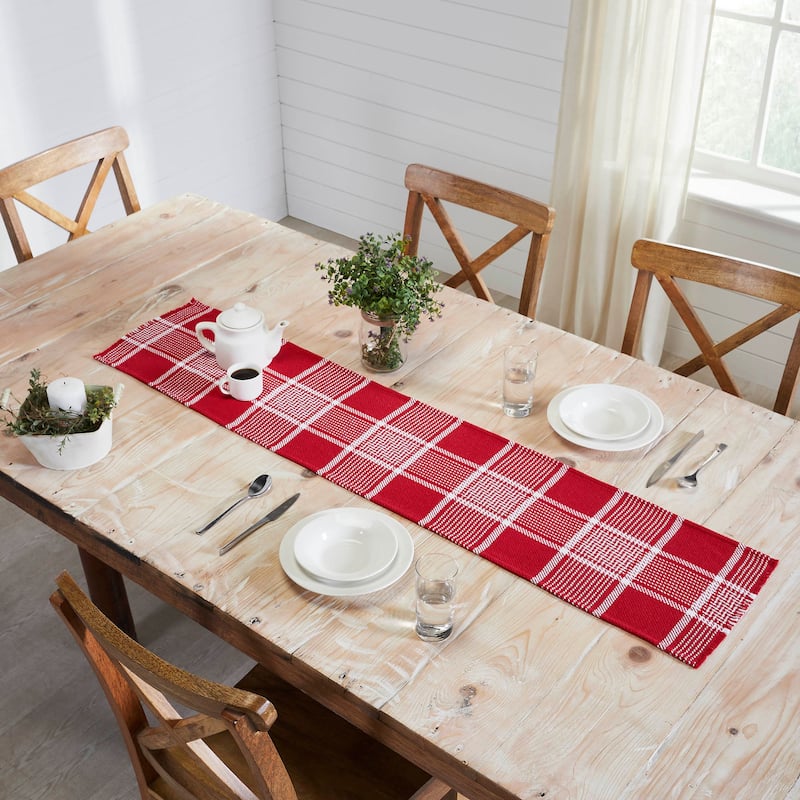 Eston Red White Plaid Runner Fringed 12x36 - 12x60
