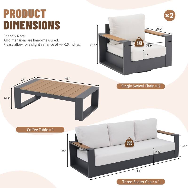 Modern Outdoor Aluminum 4-Piece Conversation Set with Thick Polyethylene Cushions