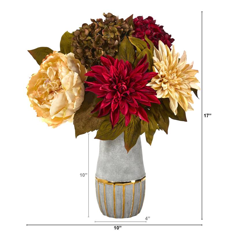 17" Peony, Hydrangea and Dahlia Arrangement in Stoneware Vase