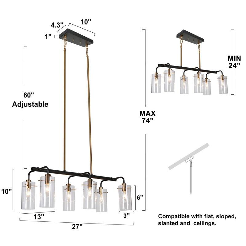 Modern Farmhouse 5/6-Light Black Gold Chandelier Glass Linear Island Lights for Dining Room