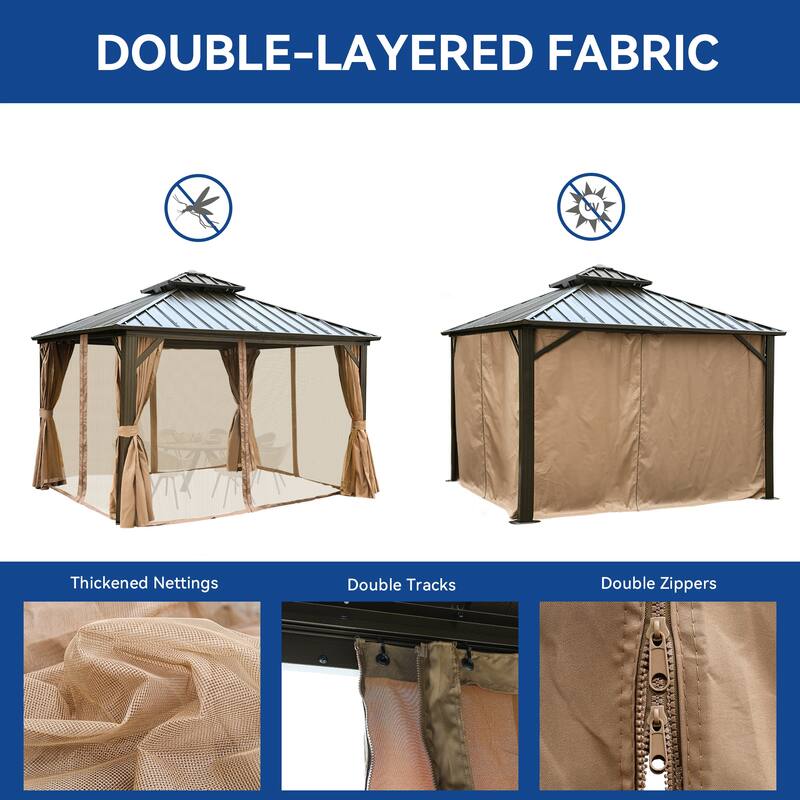 Outdoor Aluminum Frame 2-Tier Hardtop Gazebo with Nettings and Curtains