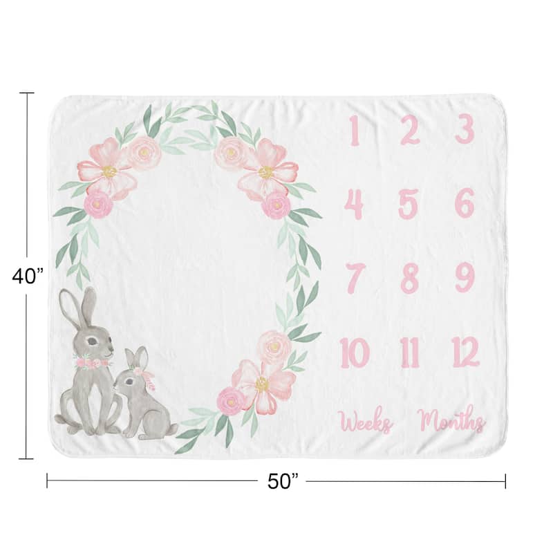 Woodland Bunny Girl Baby Monthly Milestone Blanket - Blush Pink Mint Green and Grey Boho Floral Watercolor Rose Flower Forest