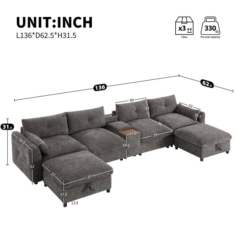 Roomfitters 136'' Modular U-Shaped Sectional Sofa with Console, Cup Holder, USB, Storage Ottoman, Chenille