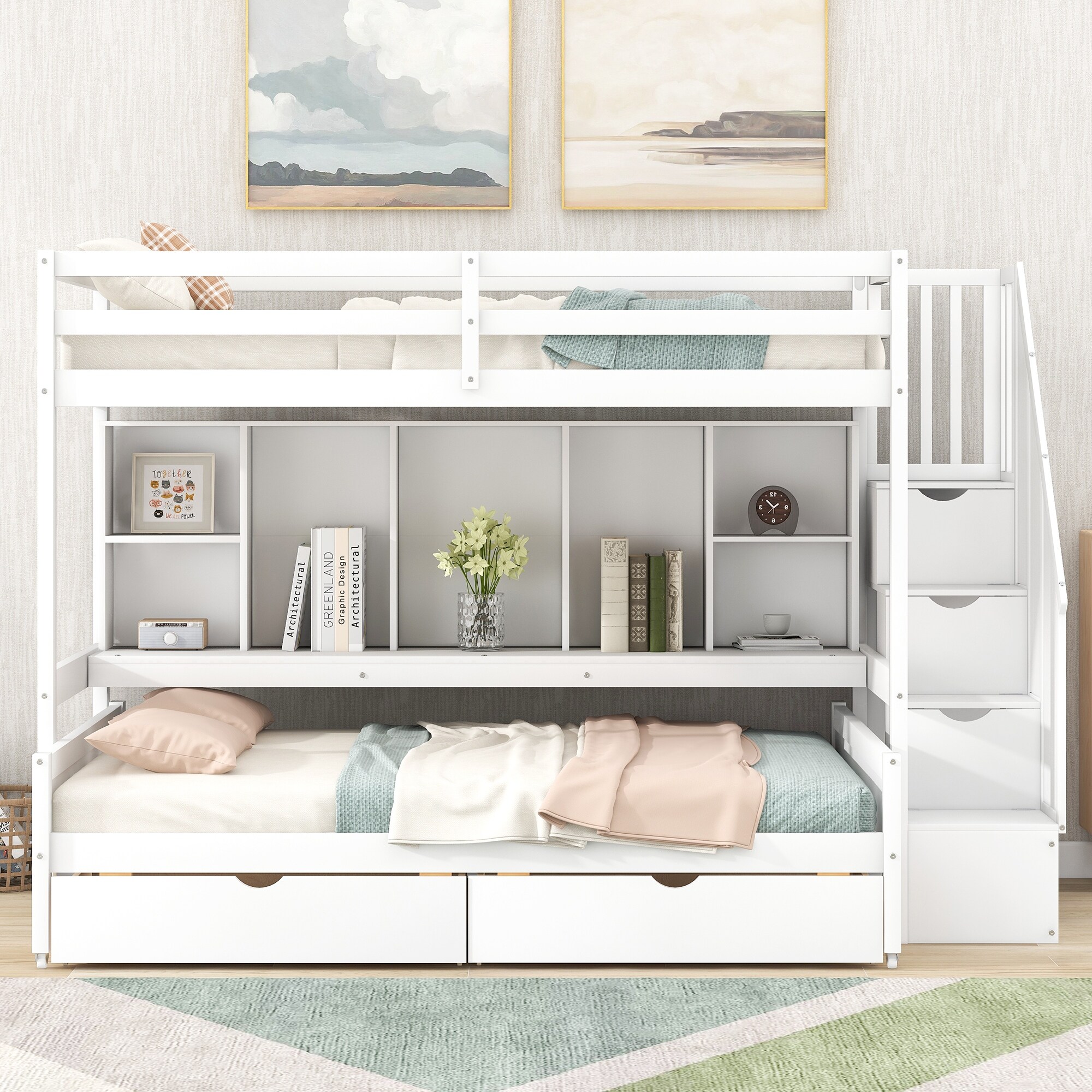 Twin XL Over Full Bunk Bed with Built in Storage Shelves 2 Drawers and Staircase Sturdy Wooden Bunkbed Frame for Kids Bedroom Bed Bath Beyond 37474709