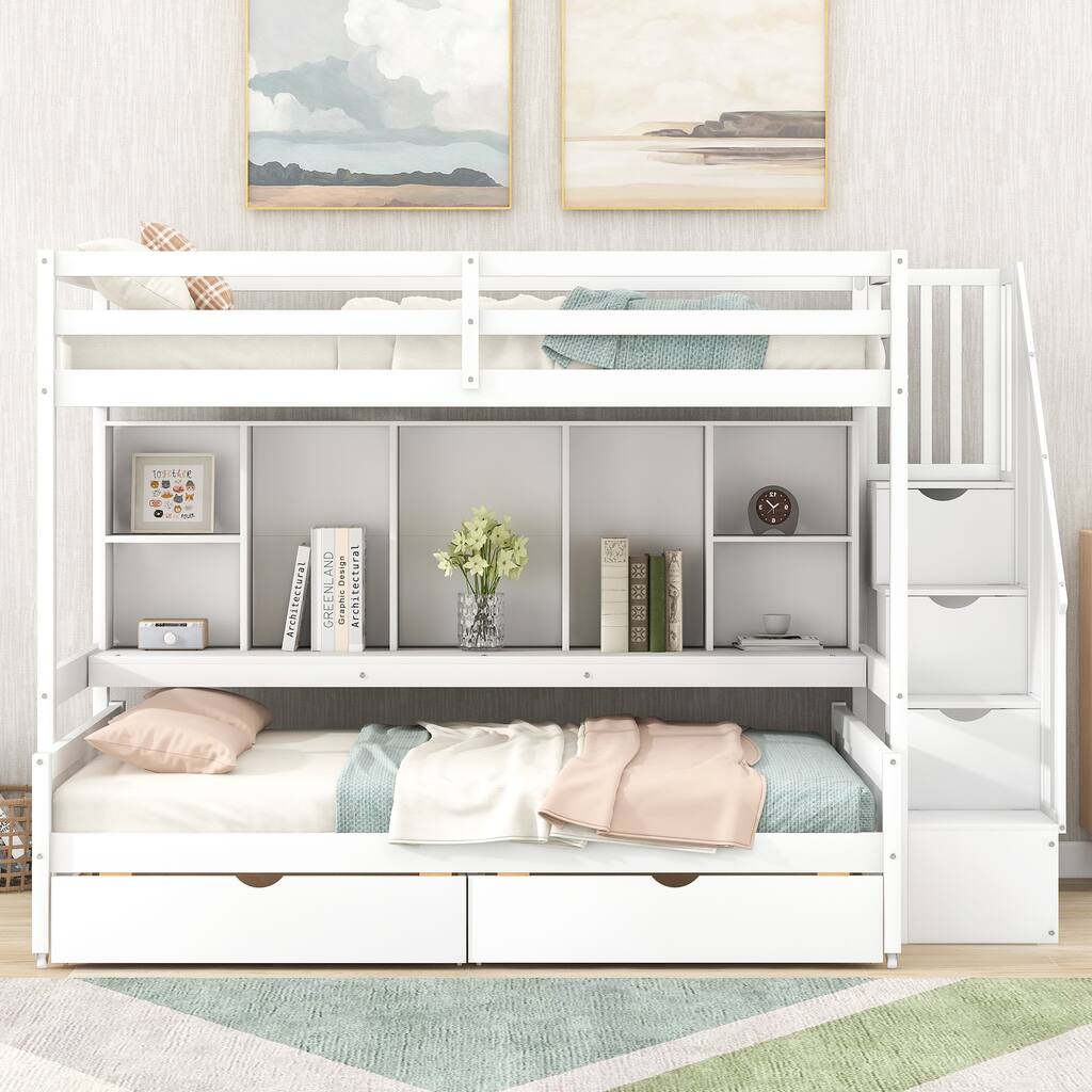 Wooden Twin XL over Full Bunk Bed with Built-in Storage Shelves, Double Beds with Drawers and Staircase, White
