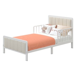 Gezen Toddler Bed Frame with Guardrails Safety Metal Upholstered Paltform Bed for Children Kids, White