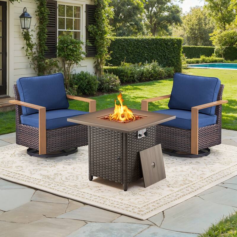 Meyreso 3-Piece Wicker Swivel Glider Fire Pit Set with Plush 4.5" Olefin Cushions
