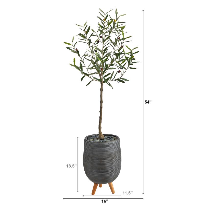 Artificial Olive Tree 4.5ft Indoor Plant with Gray Planter and Stand - Green - 41-50 Inches