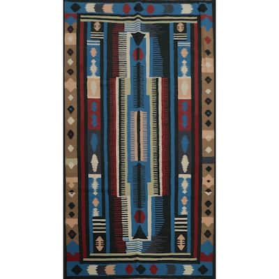 Hand Woven Oriental 100% Wool Carpet Southwestern Tribal Navy Blue & Blues Kilim Area Rug - 9' 11'' X 5' 3''