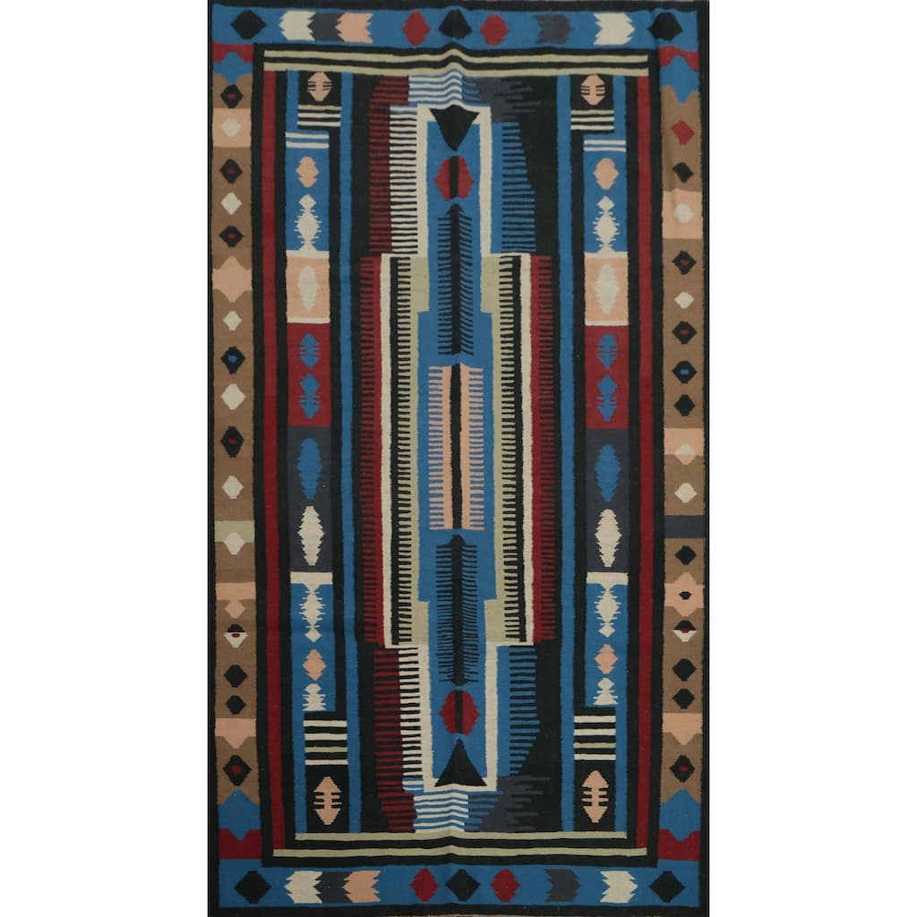 Hand Woven Oriental 100% Wool Carpet Southwestern Tribal Navy Blue & Blues Kilim Area Rug - 9' 11'' X 5' 3''