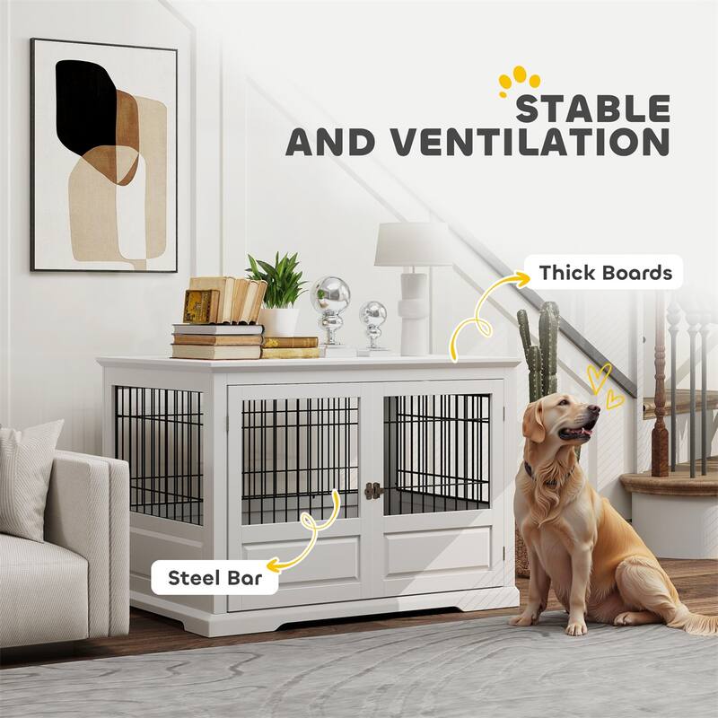 White MDF and Steel Extra Large Dog Crate with Three Doors Full-View Design Side Table Function and Removable Tray
