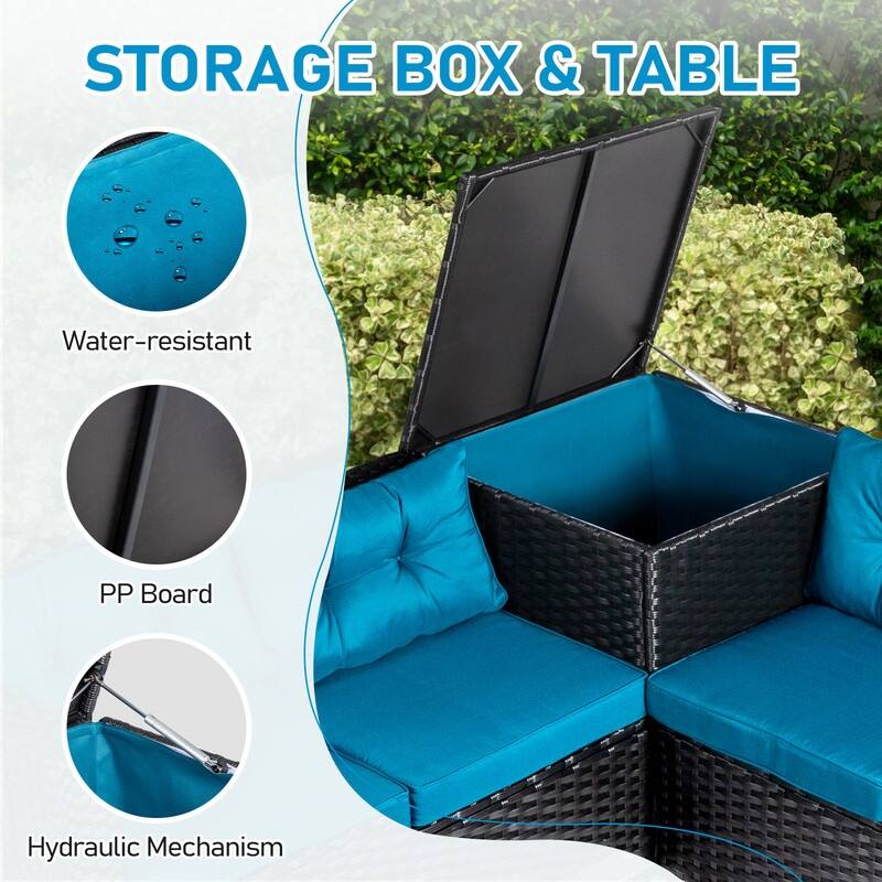 Patio 4-Piece Wicker Sectional Set with 2 Loveseats, Hydraulic Storage Box & Pet House Table