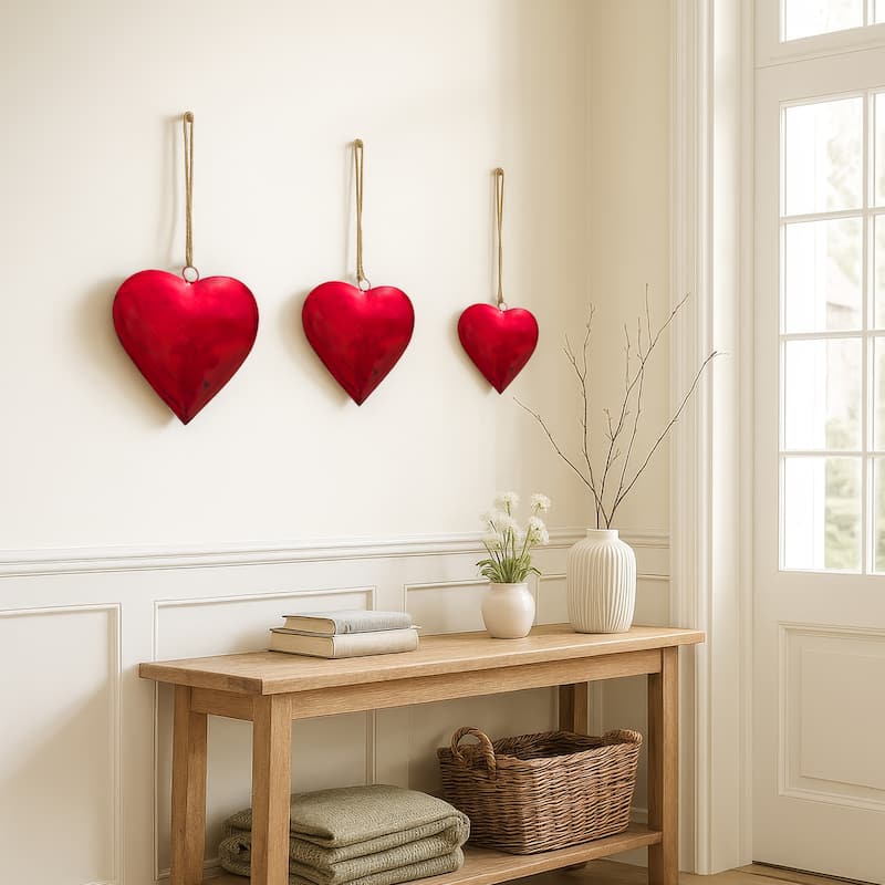 Myri Decorative Metal Heart Wall Decor Set of 3, Classic Red with Jute Hanging Rope, 12, 9.5, 7 Inches - Red