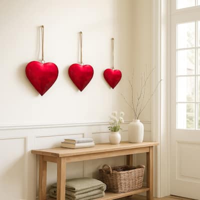 Myri Decorative Metal Heart Wall Decor Set of 3, Classic Red with Jute Hanging Rope, 12, 9.5, 7 Inches