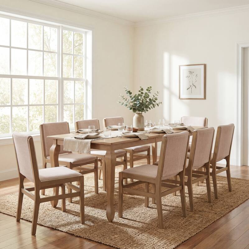 Christopher Knight Home - French Country Extendable Dining Set with Butterfly Leaf Table & Upholstered Armless Dining Chairs - 9-Piece Set - Light Ash+Beige