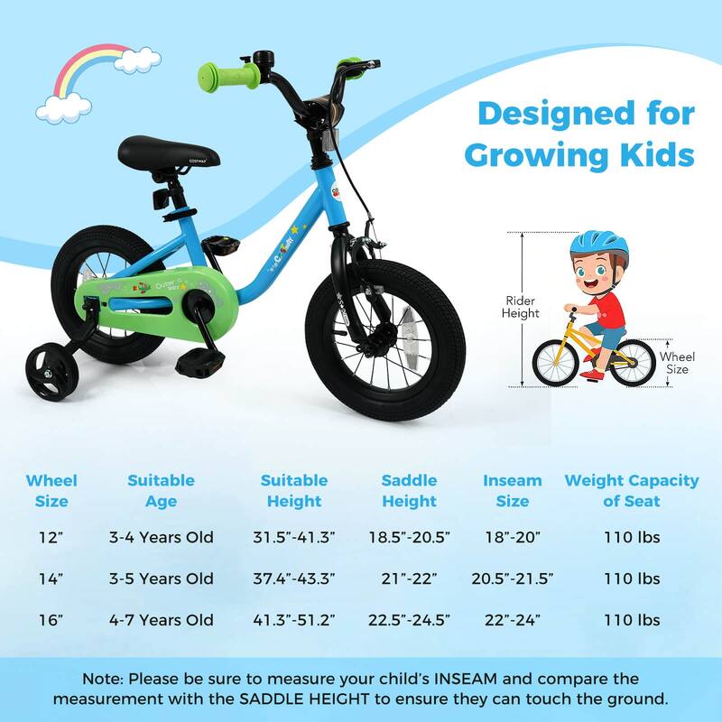 Costway 12-Inch Kids Bicycle with Adjustable Seat Front Handbrake & - See Details