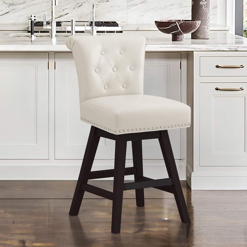26 in. Bar Stool Counter Height Barstool 360° Swivel with Curved Backrest Armless Stool - Antique White/Faux Leather - Counter Height