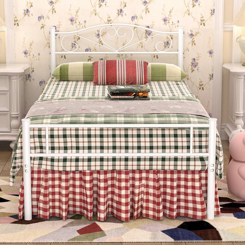 Javlergo Twin Size Metal Bed Bed Frame with Headboard and Footboard, White - White - Twin