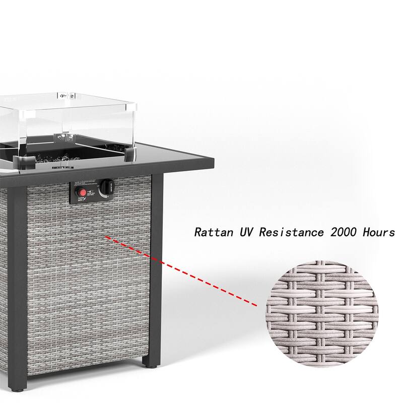 28 Inch Propane Fire Pit Table, Rattan & Wicker-Look, 50000 BTU Gas Firepits Tempered Glass Tabletop