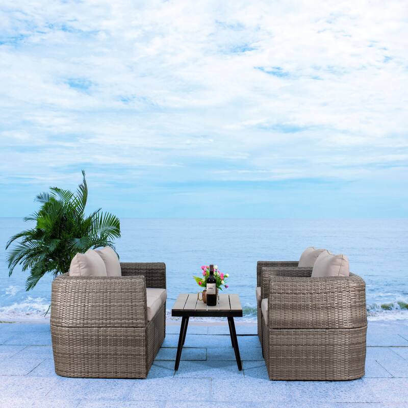 SAFAVIEH Outdoor Living Tarien Wicker 4-Piece Living Patio Set - 48"W x 25"D x 28"H