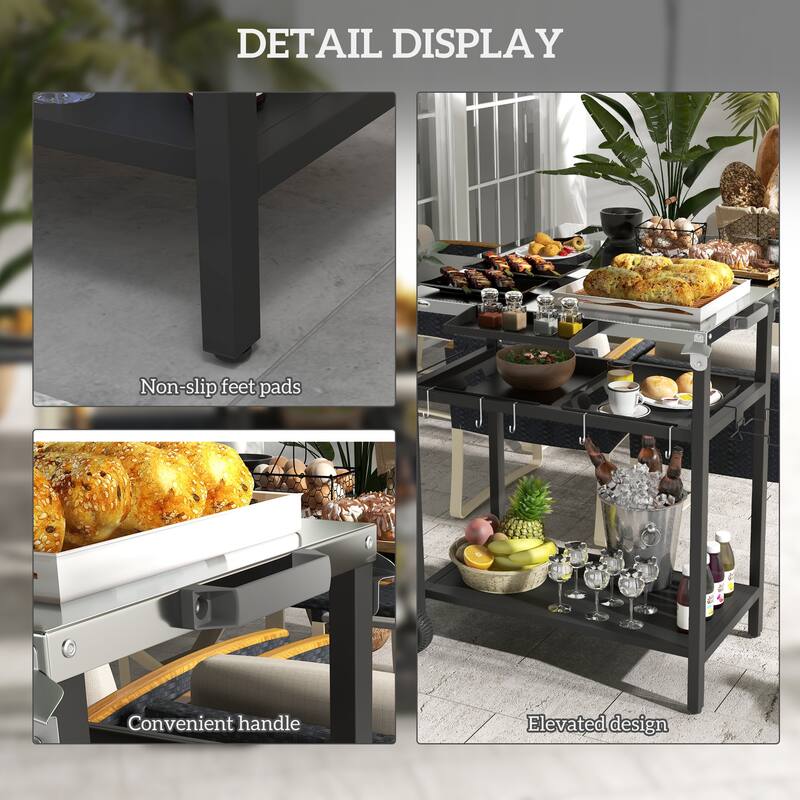 Outsunny Outdoor Bar Table with Stainless Steel Tabletop, Outdoor Kitchen Island with 2-Tier Shelf with Wheels, Patio Serving