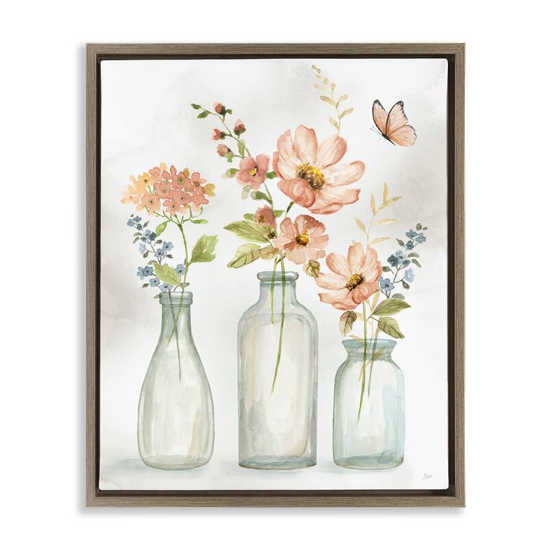 Stupell Butterfly & Pink Florals Framed Floater Canvas Wall Art Design by Nan - 17 x 21 - Brown