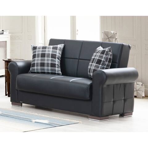Sunrise Black Leather Upholstered Convertible Loveseat with Storage