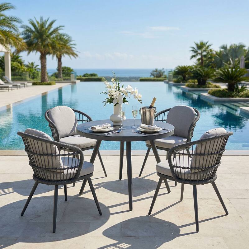 Piece Rope-Woven Aluminum Outdoor Dining Set with Ceramic Tabletop Round Table - Beige
